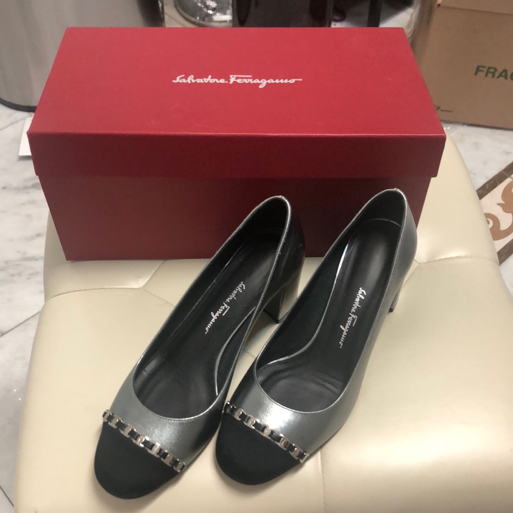 Salvatore Ferragamo AUTHENTIC silver and black block heel size 7